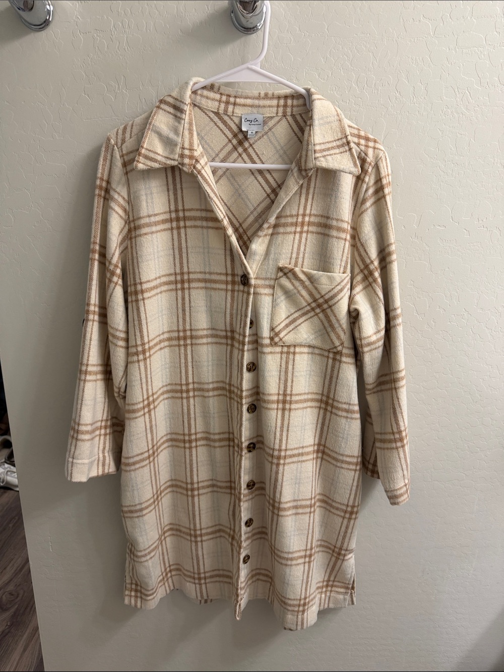 Cozy Plaid Long Sleeve Shirt Dress - Cream & Tan